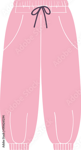 Pink sweatpants with dark purple drawstring and ribbed cuffs elastic waistband white outlines