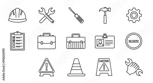 Collection of Hand Drawn Construction and Repair Tools Icons.