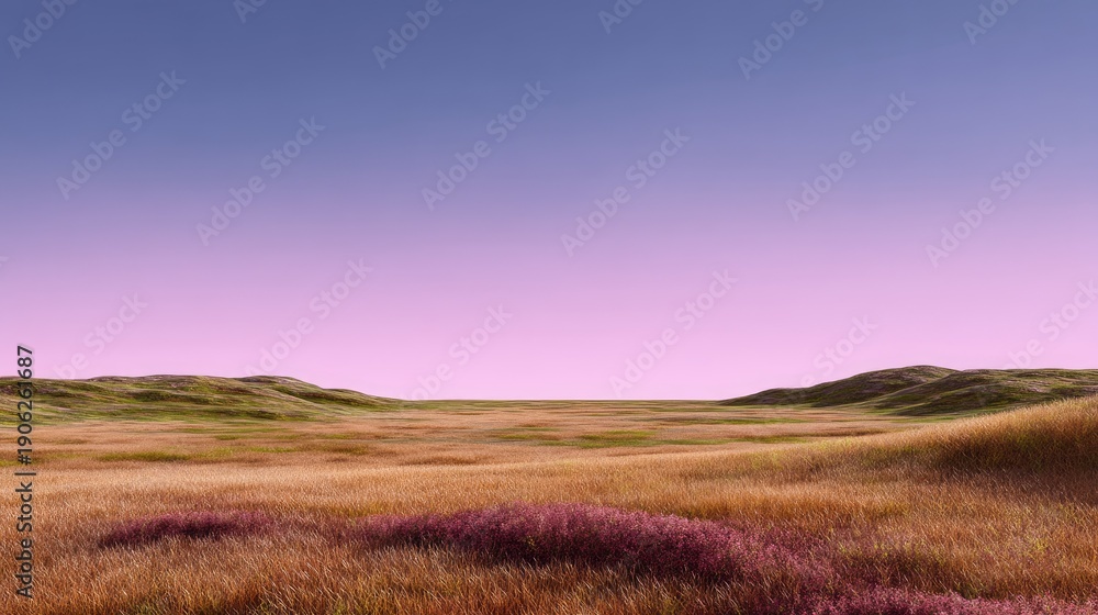 Obraz premium Tranquil Landscape with Warm Pastel Skies and Rolling Gentle Hills, Featuring Lush Green Grass and Vibrant Purple Wildflowers in a Serene Environment