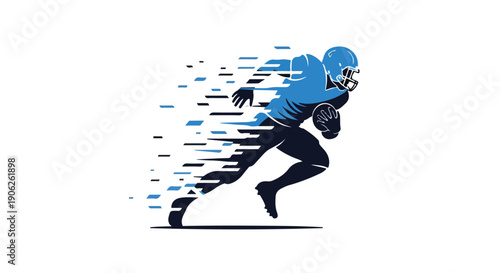 Illustration of a football player running with motion lines in blue and black on a white background.