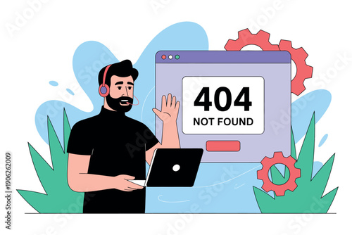 A frustrated man in a headset looks at a laptop with a 404 error on the screen
