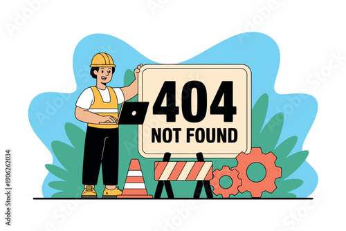 A cartoon man in a hard hat holding a laptop next to a 404 not found sign with construction barriers and gears