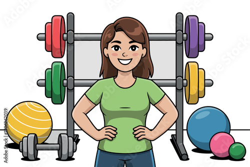 A cartoon woman standing confidently in front of a weight rack at the gym with various colorful exercise equipment around her.