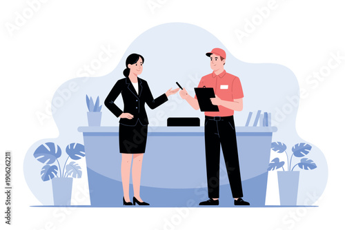 A delivery man and businesswoman discussing a package at the office reception desk.