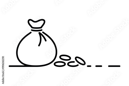A simple line drawing of a money bag with coins spilling out onto a flat surface