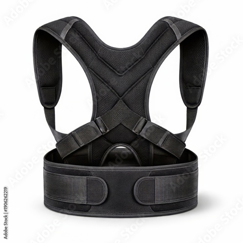 Ergonomic black posture corrector brace with padded straps and wide lumbar belt is displayed on a white background, perfect for promoting back support, alignment, and everyday wellness.