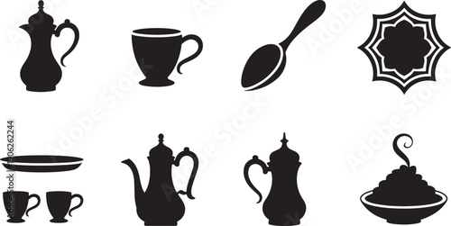 Arabic coffee set teapot cups spoon plate traditional serving ware steam food icons