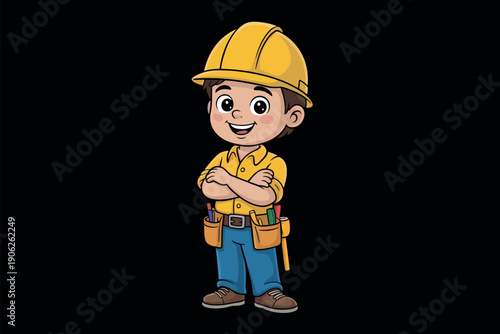 A cheerful cartoon construction worker wearing a yellow hard hat and tool belt stands confidently with his arms crossed.