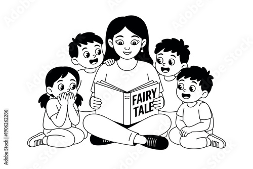 A woman reads a fairy tale to a group of happy children sitting around her on the floor.