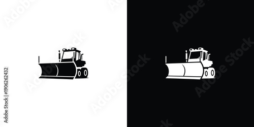 Black and white snowplow vehicle on split background