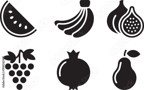 Fruit icon set featuring watermelon banana fig grape pomegranate and pear for healthy eating