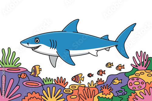 A cartoon blue shark swimming above a colorful coral reef with various fish