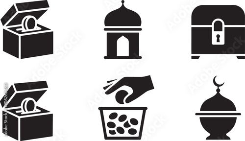 Islamic charity donation boxes mosque and hand giving coins black silhouette icons isolated vector set