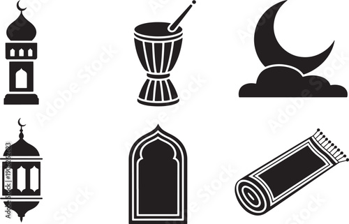 Islamic icons set mosque lantern drum moon prayer rug muslim religious celebration elements