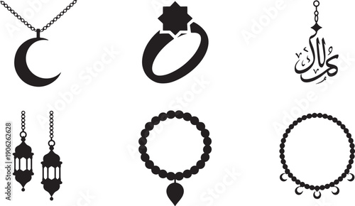 Islamic jewelry and prayer beads necklace collection with crescent moon pendant and lantern art