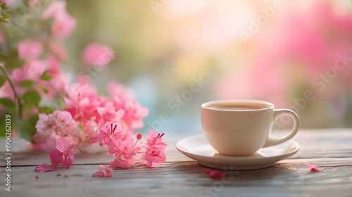 A serene morning - Coffee cup amidst blooming pink flowers on a wooden table.