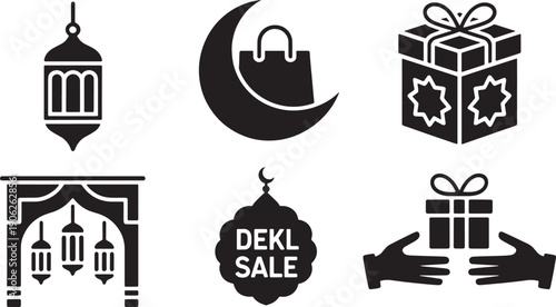 Ramadan shopping and gift box icon set with traditional lantern and festive sale sticker label