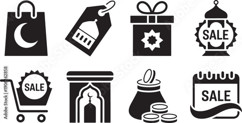 Ramadan sale icons, shopping bag, price tag, gift box, lantern, shopping cart, prayer rug, coins
