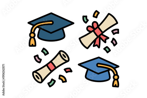 A colorful illustration of graduation caps and diplomas floating in the air, symbolizing academic achievement and success.
