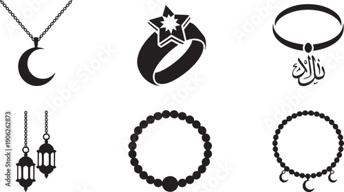 Religious jewelry vector icons with crescent moon necklace and decorative prayer bead bracelet