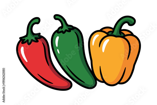 A colorful illustration of three peppers on a white background