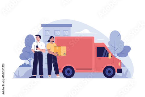 Two delivery men standing next to a red delivery truck with cardboard boxes
