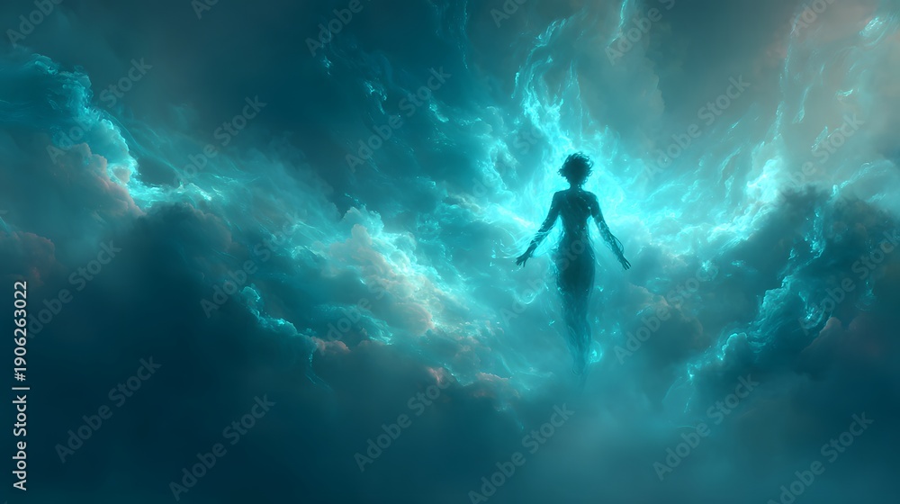 Fototapeta premium Mystical Figure Silhouetted in Ethereal Blue Nebula Amidst Cosmic Clouds.