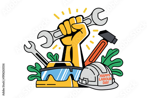 A cartoon illustration of a hand holding a wrench surrounded by tools and a hard hat that reads Happy Labour Day.