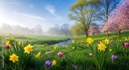 Wallpaper Mural Spring meadow with wildflowers and stream Torontodigital.ca