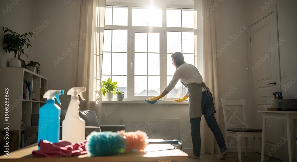 custom made wallpaper toronto digitalWoman cleaning window bright interior sunlight