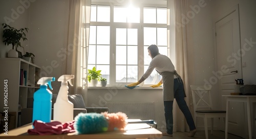 Wallpaper Mural Woman cleaning window bright interior sunlight Torontodigital.ca
