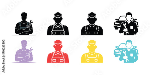 Colored and black silhouettes of mechanics with tools