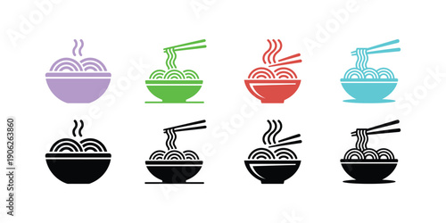Colorful and black noodle bowls with chopsticks steam