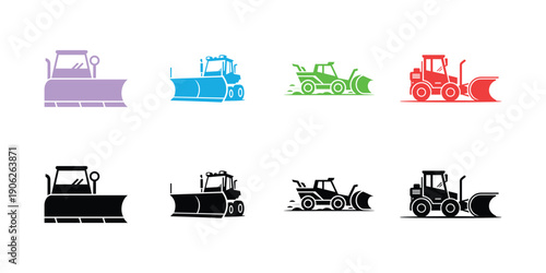 Colorful and black snowplow tractors in flat style