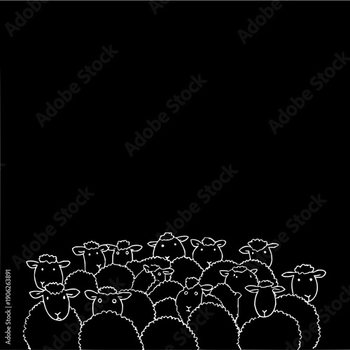 A flock of sheep in the dark night illustration with white outline drawing style vector image art design