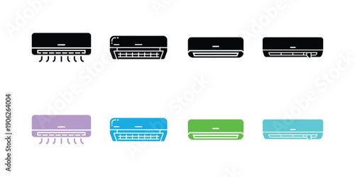 Eight Colorful Air Conditioner Units in Flat black