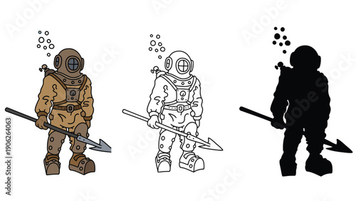 Diver illustration set including color, line, and silhouette vector graphics