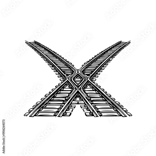 Illustration of intersecting railroad tracks in black and white detailed design line art style drawing for transportation 100