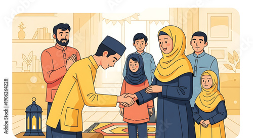 Generational celebration Family members greet each other warmly during a festive holiday gathering with traditional attire and decorations