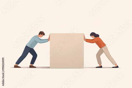 Two people pushing the same block from opposite sides symbolizing business conflict stalled collaboration and opposing interests.