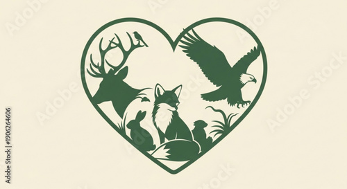 Heart shaped green silhouette of animals including deer eagle fox and rabbit in natural setting for conservation or wildlife themes