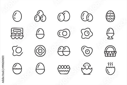 Black and White Egg and Breakfast Line Icons Set for Menu Design