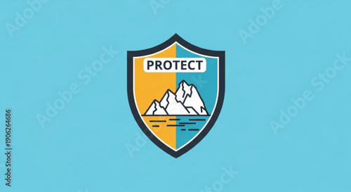 Shield icon with protect text and mountain landscape symbolizing conservation and environmental protection efforts