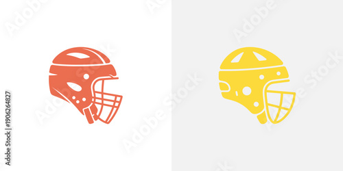 Orange and yellow football helmets on white background