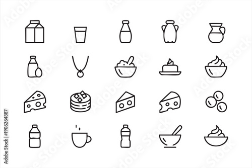 Black and White Dairy and Breakfast Line Icons Set for Menu Design