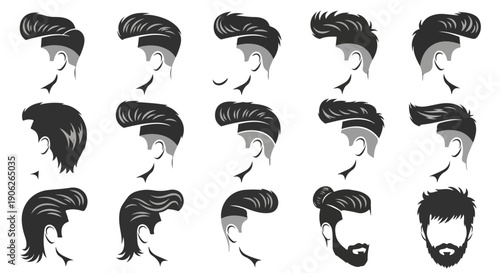 Collection of various black and white silhouette hairstyles on a plain white background