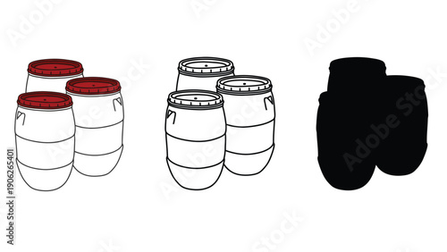 Barrel vector icon set including red lid and silhouette illustration