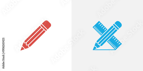 Red pencil and blue pencil with ruler stationery