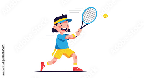 A young cartoon girl in a blue shirt and yellow shorts swinging a tennis racket with motion lines on a white background.