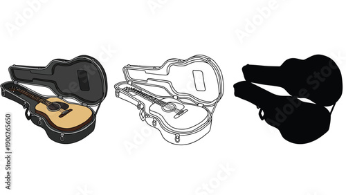 Acoustic guitar nestled securely in its protective carrying case, ready for travel.